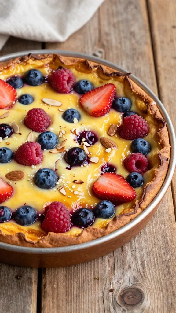 Three-quarter angle of the whole almond berry clafoutis cooling on a rustic wooden surface: round dish with lightly browned, puffed rim, glossy custard center dotted with mixed berries (blueberries, raspberries, halved strawberries) and a sparse sprinkle of sliced almonds; slight crackle on the surface from baking, faint steam, simple linen nearby, no additional toppings or sauces.