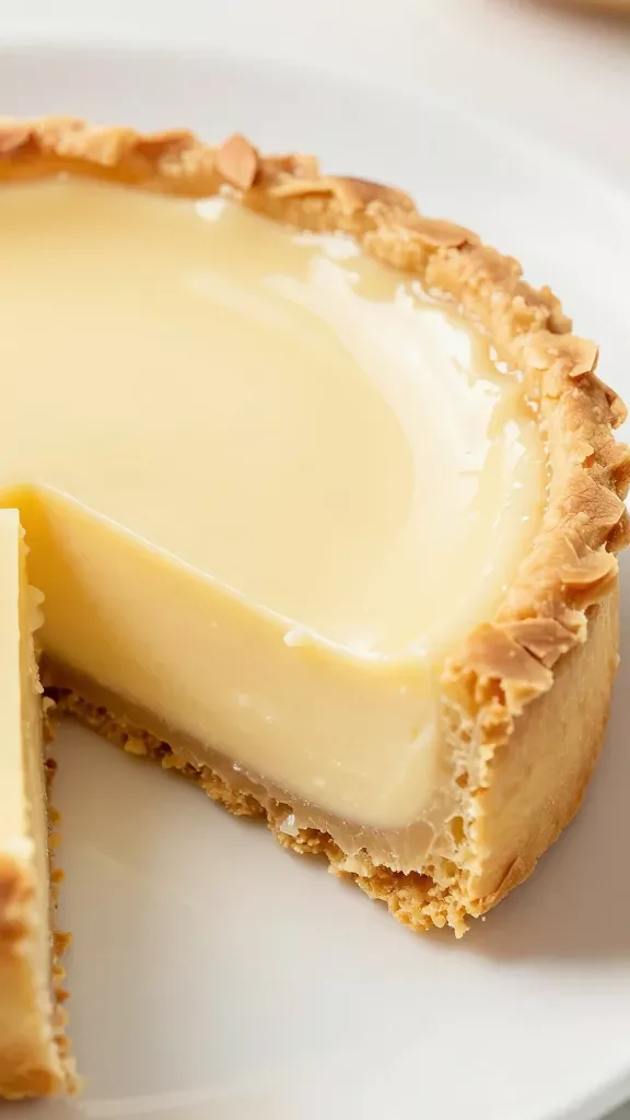 Ultra-detailed closeup of a sliced vanilla almond tart on a simple white plate: golden, slightly craggy almond crust with visible fine almond texture; smooth, glossy pale vanilla custard filling with a soft sheen (no visible specks), clean sharp slice showing distinct layers; neutral soft daylight from the side, minimal shadows; no toppings, no garnishes, no utensils, no extra ingredients; shallow depth of field, bakery-style editorial photography.