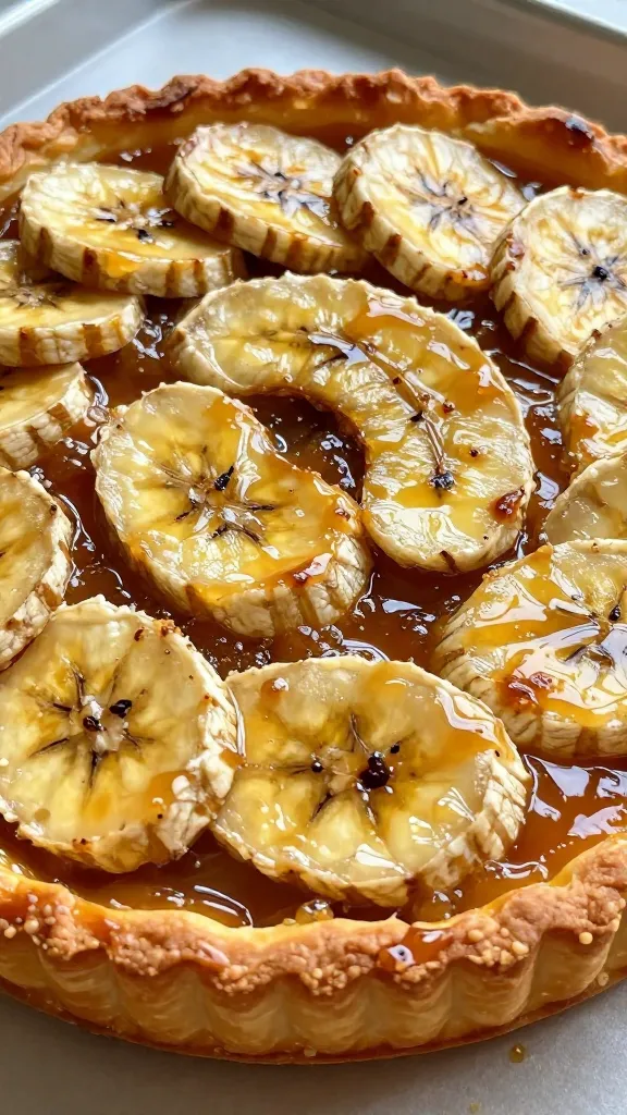 Extreme close-up of a caramelized banana tart just out of the oven: glossy, deep golden-brown banana slices arranged in tight overlapping spirals on a puff pastry base, edges of the pastry visibly flaky and slightly puffed, thick buttery brown-sugar caramel bubbling lightly between the banana slices, warm highlights and soft shadows, no extra toppings, photographed in natural window light on a neutral baking sheet.