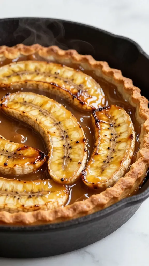 45-degree angle close-up of the whole caramelized banana tart in a cast-iron skillet: bananas cut lengthwise into long strips, neatly shingled and deeply caramelized to a glossy mahogany sheen, sticky caramel glistening around the fruit, the puff pastry border slightly raised and golden with delicate layers, steam just visible, minimalist kitchen backdrop, no additional ingredients shown.