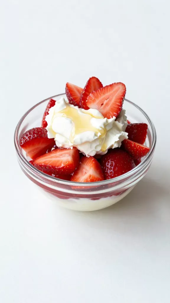 Overhead shot of a single small glass bowl showing neat layers: thick whipped ricotta on the bottom, a compact layer of glossy macerated strawberry pieces in the middle, and a final dollop of ricotta with a light honey drizzle. A few strawberry slices rest on top for texture. Bright, airy lighting, white tabletop, minimal styling, no garnishes beyond strawberries and honey, no text.