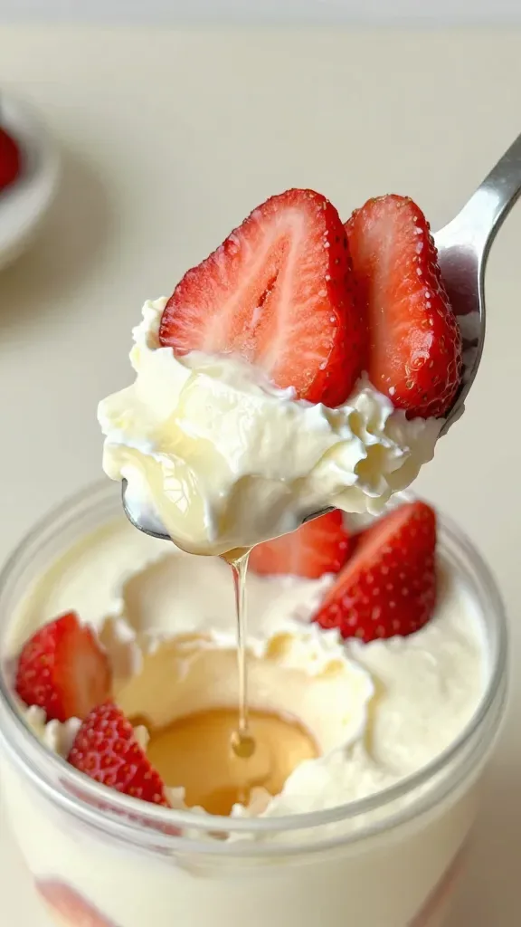 Three-quarter angle macro of a spoon lifting a scoop from a dessert cup to reveal creamy whipped ricotta underneath and juicy strawberry slices above, with thin honey ribbons catching the light. Background softly blurred, neutral tones, focus on the texture contrast between silky ricotta and fresh strawberries. No added toppings besides strawberries and honey, no text.
