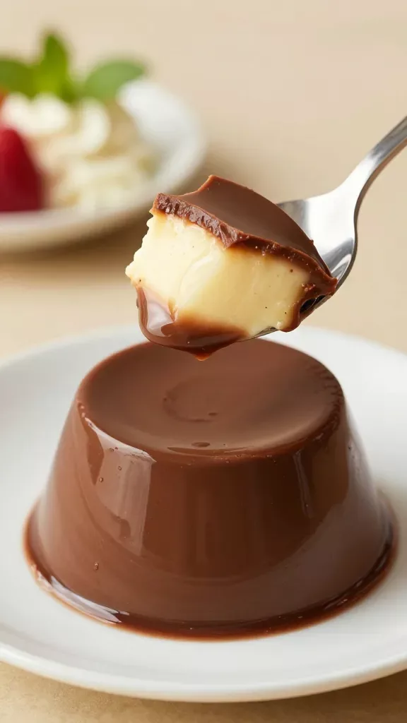 Three-quarter angle close-up of a spoon lifting a bite from a chocolate fudge panna cotta on a plain white saucer, the cut edge showing tender, custardy interior with a subtle jiggle, glossy fudge finish catching light, warm neutral background softly blurred, no whipped cream, berries, mint, or decorations—just the panna cotta and spoon, high-resolution food styling with natural light.