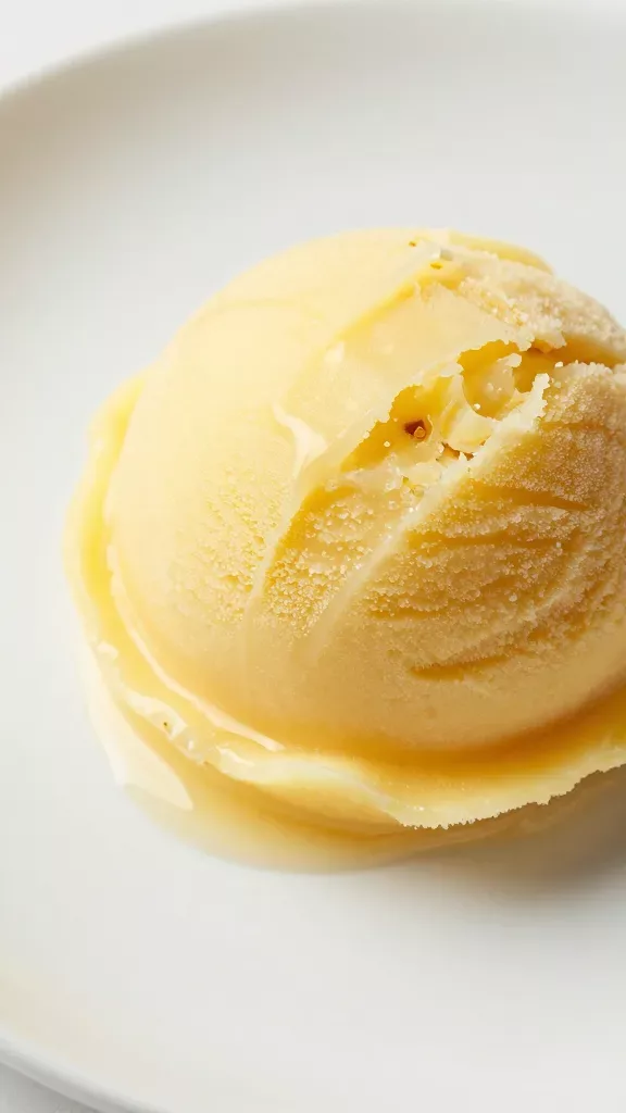 Macro side angle of a sorbet scoop on a simple matte white plate, tight framing showing velvety coconut-rich texture and lush pineapple color, slight melting at the base with glossy sheen, bright natural light, no props or garnishes, minimalist composition focused solely on the sorbet