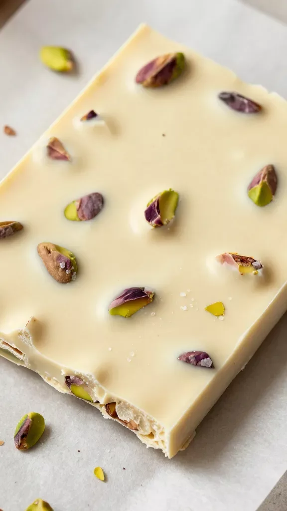 Ultra close-up of rustic shards of pistachio white chocolate bark on parchment paper: glossy, creamy white chocolate base with evenly scattered chopped roasted pistachios pressed into the surface, a light dusting of flaky sea salt visible, natural light from the side creating soft highlights and gentle shadows, shallow depth of field, no extra ingredients, overhead angle, high detail food photography.