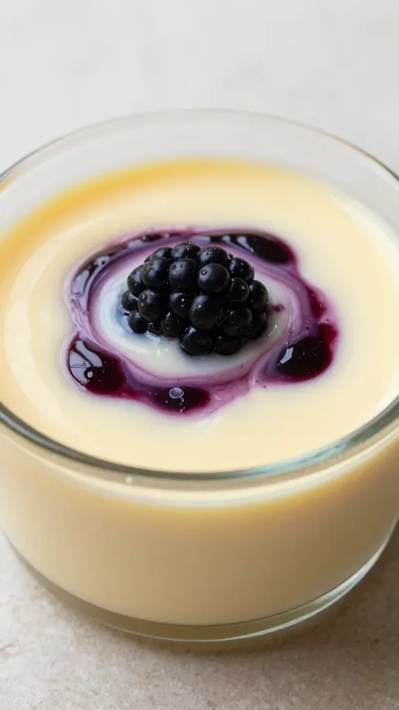 Ultra-closeup of a small glass ramekin filled with silky blackberry lemon posset: creamy pale lemon custard with natural marbled swirls of deep purple blackberry throughout, smooth glossy surface, tiny airless sheen, garnished only with a delicate ripple of blackberry puree integrated into the top (no whole berries or extra toppings), soft natural window light, shallow depth of field, neutral light stone background, no text, no additional ingredients.