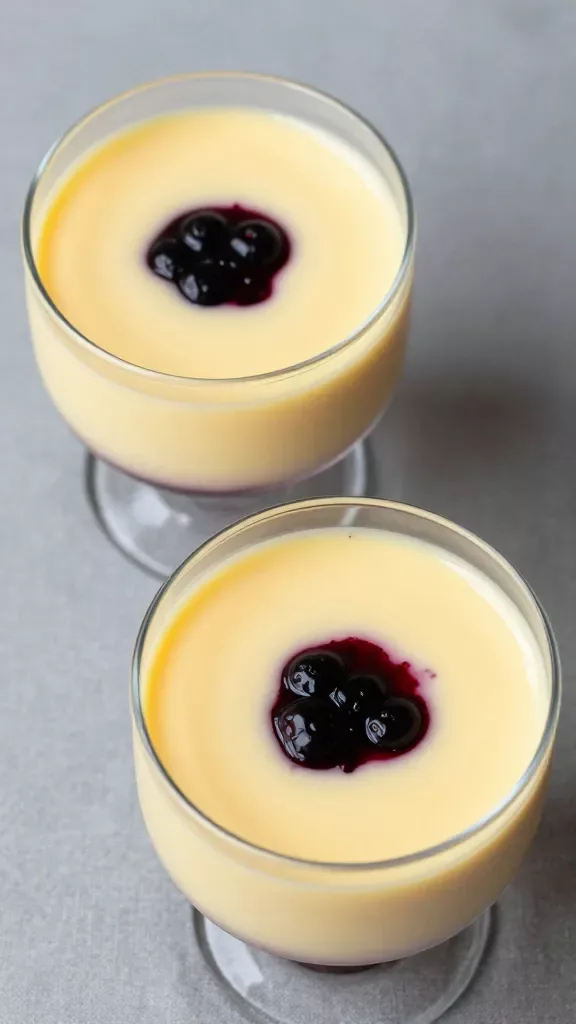 Overhead macro shot of two identical clear coupe glasses containing blackberry lemon posset: luxurious custard base with visible lemon-cream hue subtly streaked by fine blackberry swirls, perfectly set and glossy, edges clean with no drips, minimal shadows, cool-toned matte gray backdrop and simple linen underneath, no garnishes, no extra elements, high-resolution food photography style.
